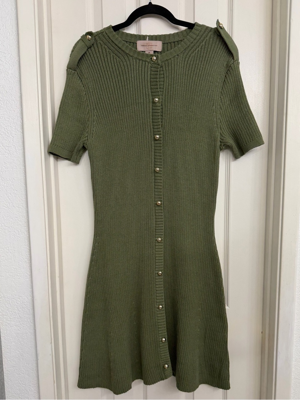 7191 French Connection Olive Green Knit Ribbed Button-Front Dress M